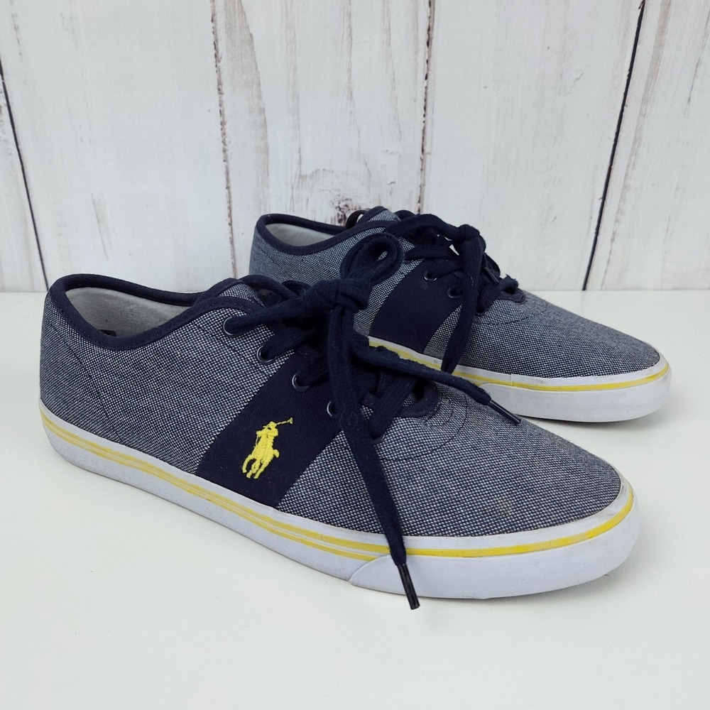 Polo Ralph Lauren Zadok Blue Yellow Chambray Canvas Lace Up Shoes Mens 10D